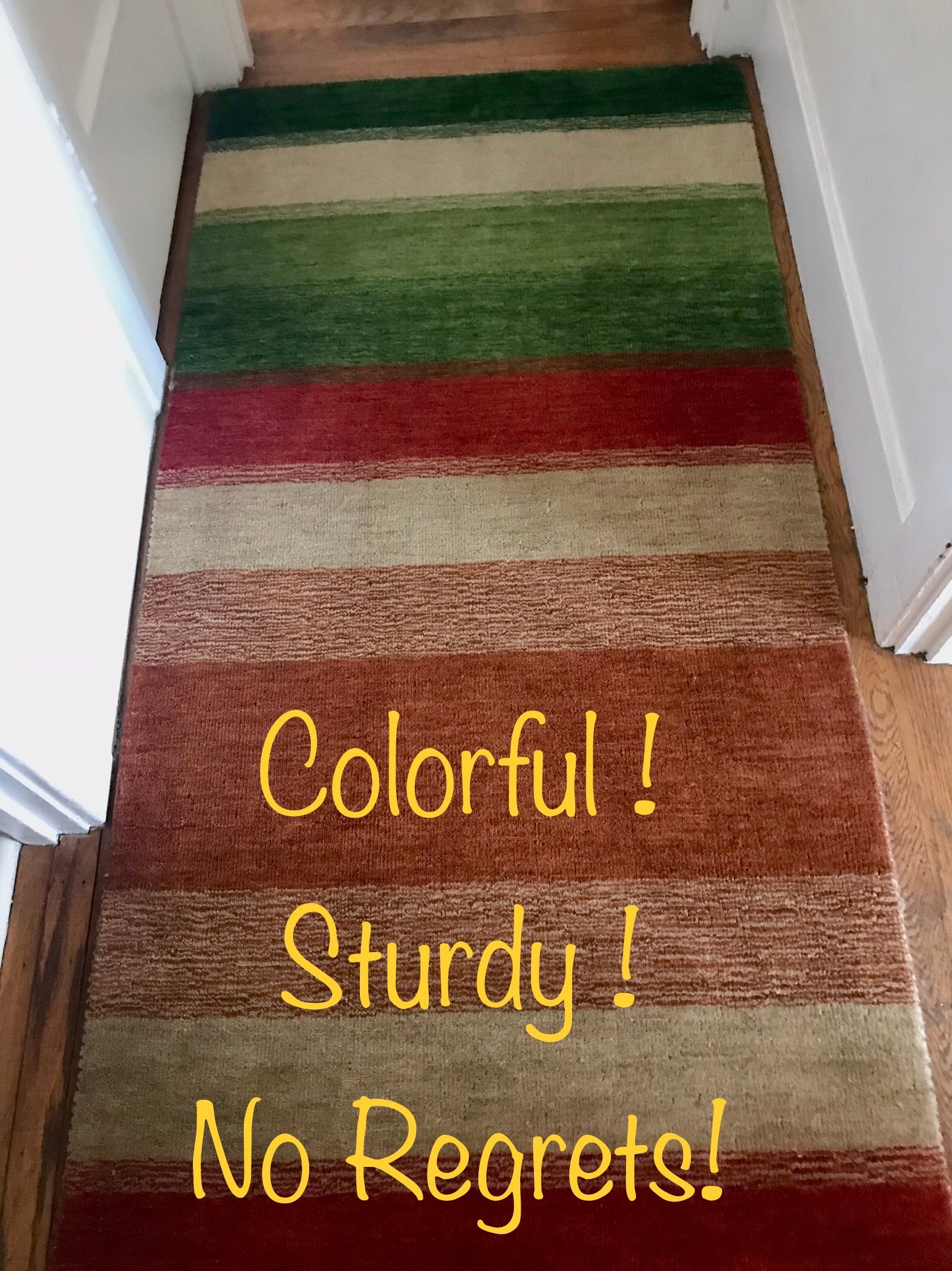 Don't let shadows discourage you. This runner rug is comfy, colorful and thick. Rug Source advertises itself as "cheap rugs", I disagree. Inexpensive? Yes. Very well made and durable. I will not buy ...